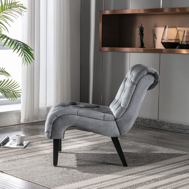 Modern Velvet Accent Chair, Armless Button Tufted Upholstered Barrel Chair with Wood Legs for Living Room, Bedroom, Office image number 3