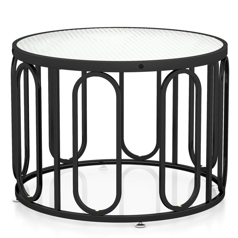 24 Inch Round Coffee Table with Reeded Tempered Glass Top and Oval Swivel Brackets