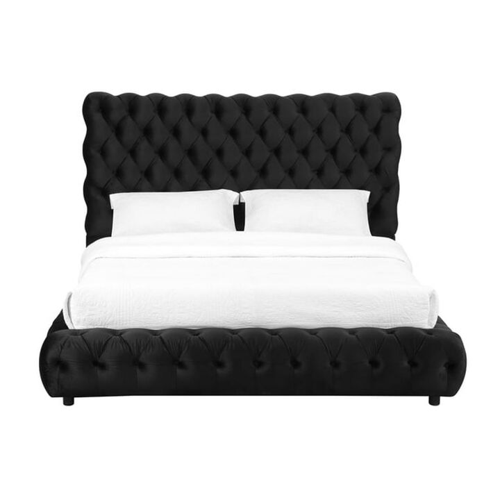 Benjara James Queen Size Bed, Platform Style, Button Tufted Black Velvet Upholstery