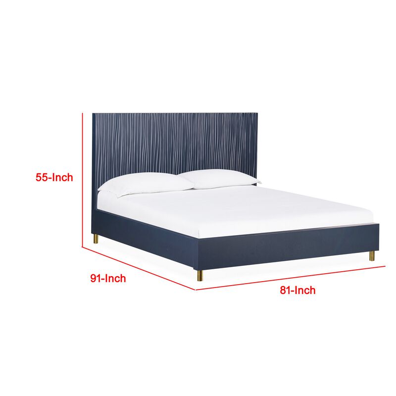 Herst Modern California King Bed, Brass Metal Legs, Wavy Texture Navy Blue - Benzara