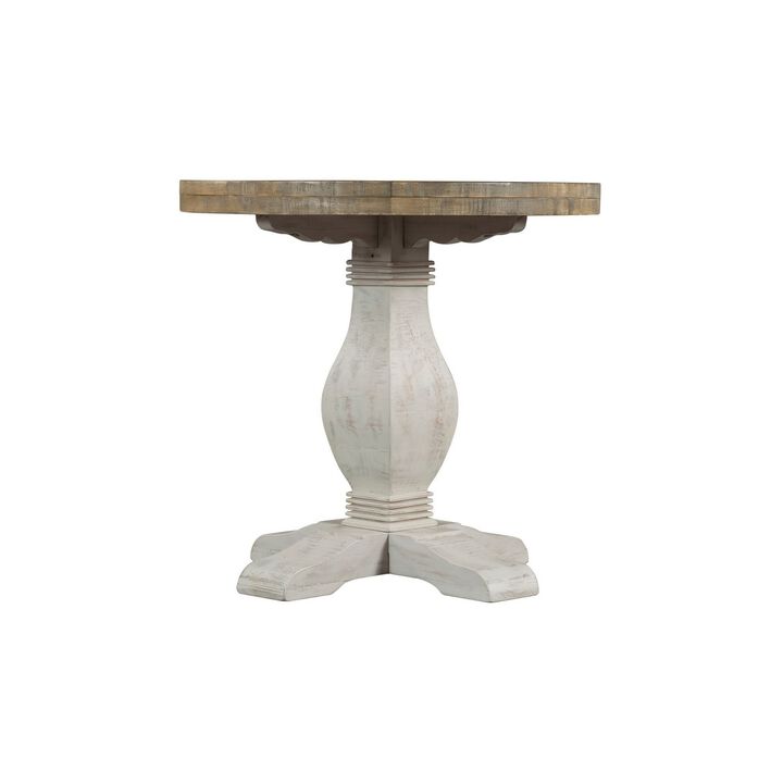 26 Inch Round End Table with Pedestal Base, Brown and White-Benzara