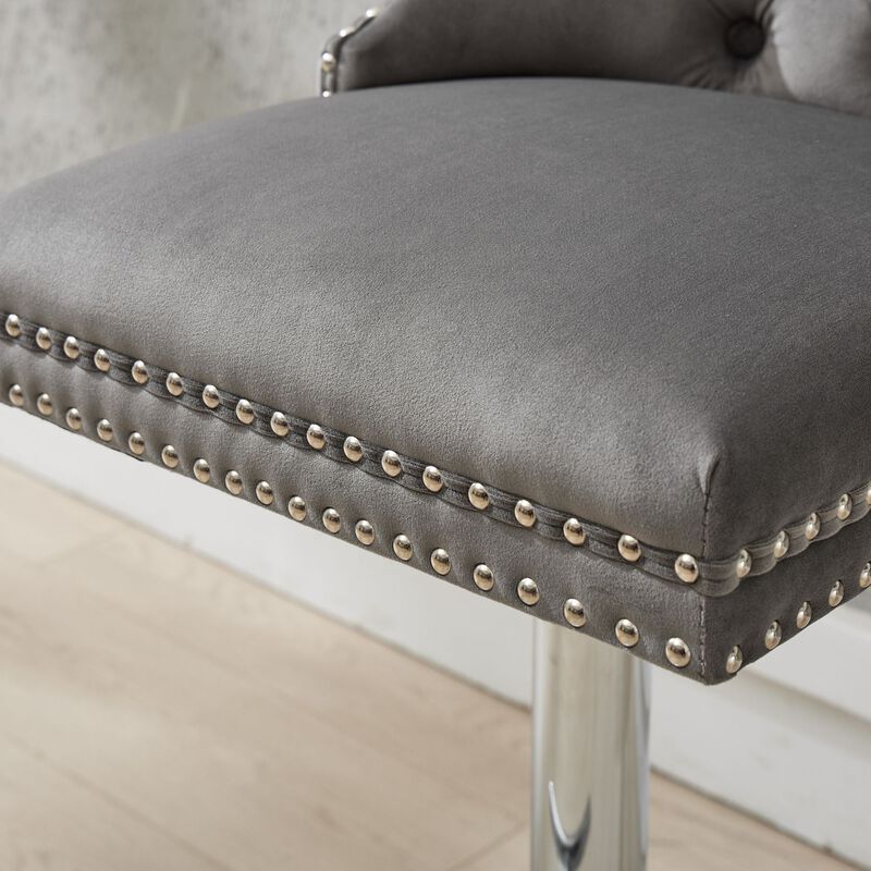 Clihome Thick Chrome Swivel Velvet Barstools Set of 2,Adjustable Height,Modern Upholstered with Base,Tufted Buttons&Diamond Pleating