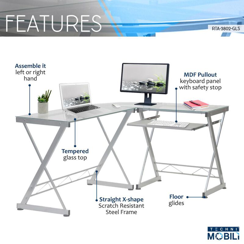 Techni Mobili L-Shaped Tempered Glass Top Computer Desk With Pull Out Keybaord Panel. Color: Clear