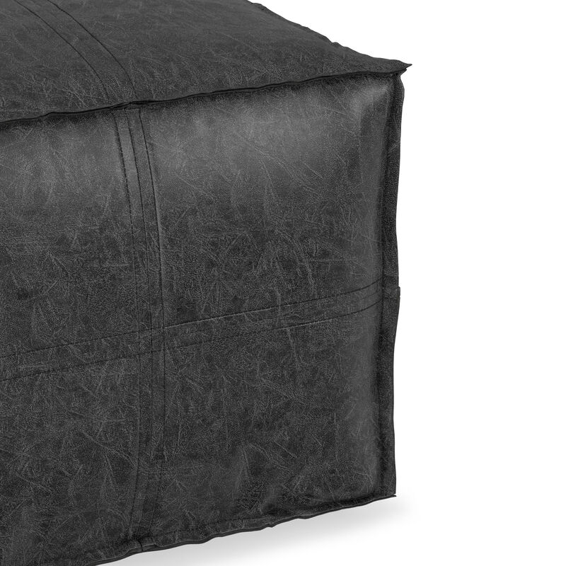 Simpli Home Brody Square Pouf In Distressed Black Vegan Faux Leather