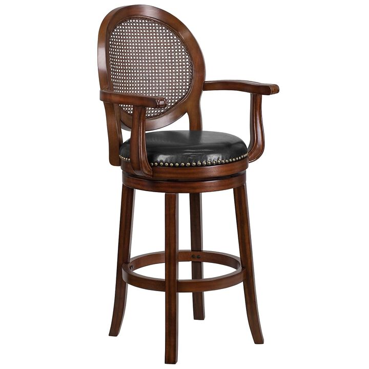 Flash Furniture Victor 30'' High Expresso Wood Barstool with Arms, Woven Rattan Back and Black LeatherSoft Swivel Seat