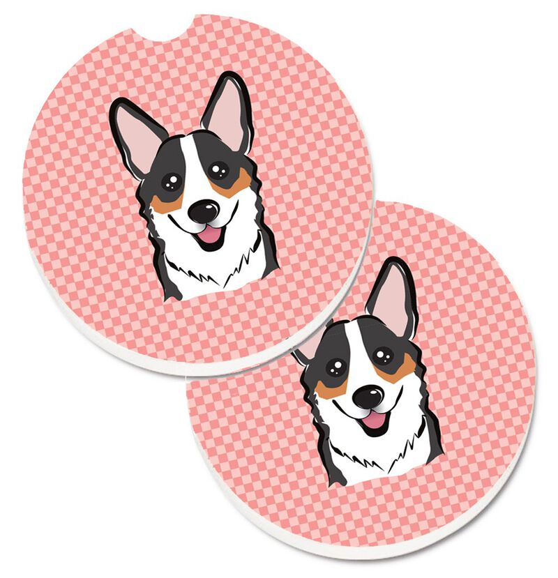 Caroline's Treasures Checkerboard Pink Corgi Set of 2 Cup Holder Car Coasters BB1255CARC, 2.56, Multicolor