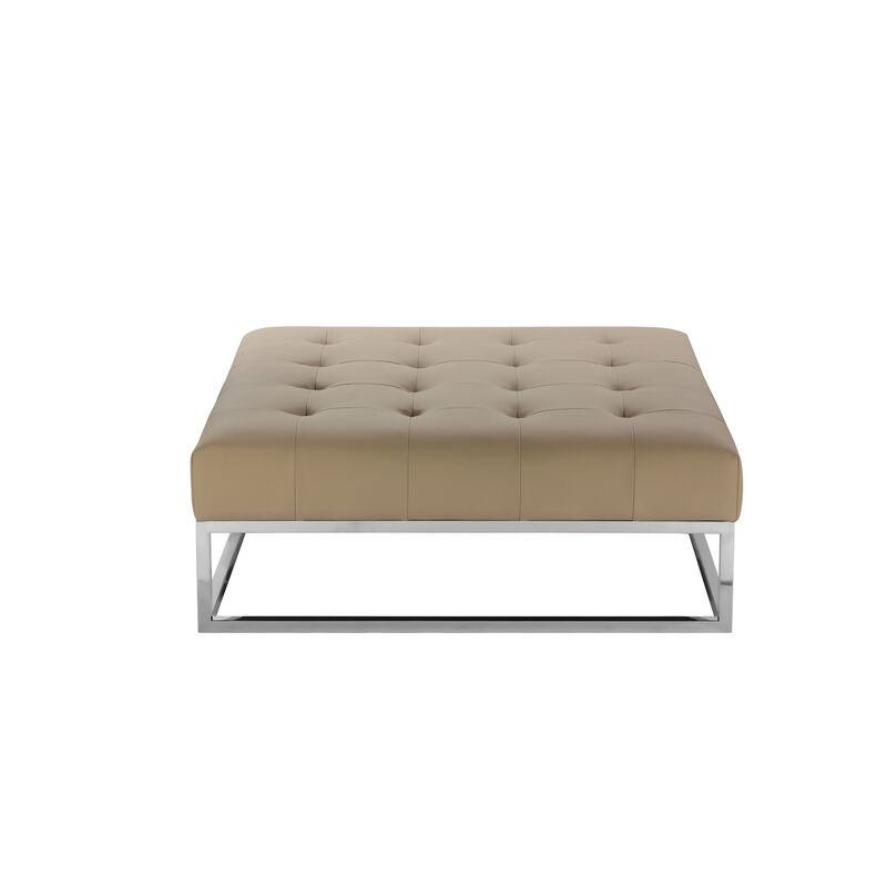Ipp Ottoman, 40 Inch Square Tufted Beige Faux Leather, Chrome Steel - Benzara