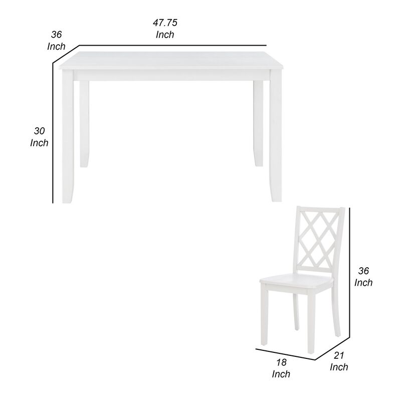 Ava 5pc Dining Table Set, 4 Lattice Back Chairs, White Rubberwood Frame - Benzara