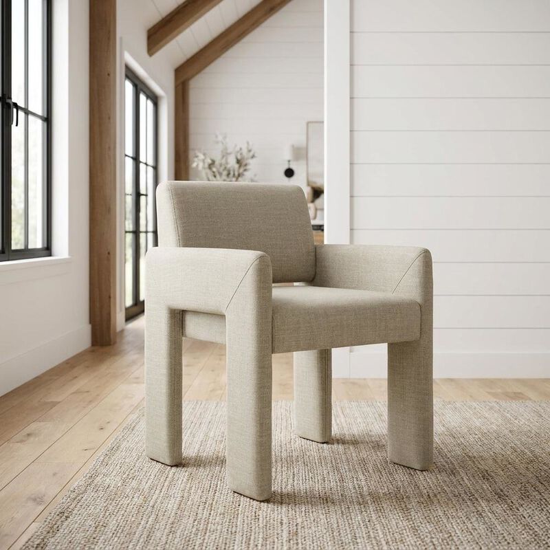 Fabric-Upholstered Dining Chair with Arms and Thick Cushion for Kitchen, Linen image number 3