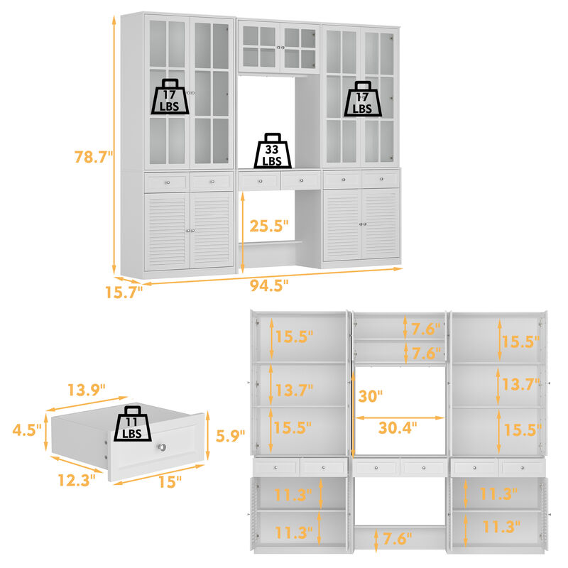 FUFU&GAGA White MDF & Tempered Glass Storage Cabinet with 6 Drawers, Adjustable Shelves & Shutter Doors, Modern Bookcase (94.5 in. W x 15.7 in. D x 78.7 in. H) image number 8