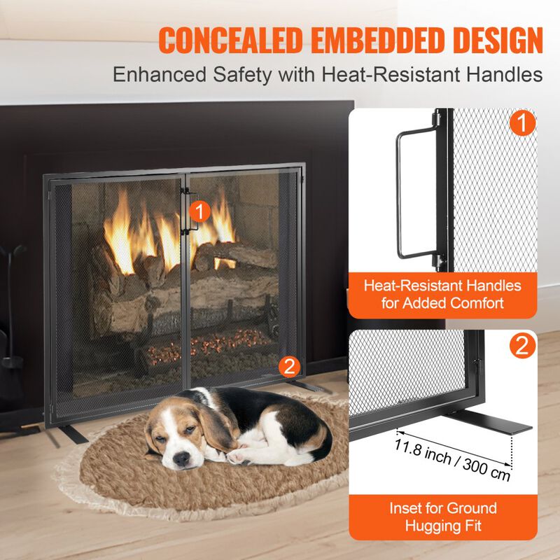 Freestanding Fireplace Spark Screen with Iron Mesh Door, Protective Fire Guard for Home-Black image number 4