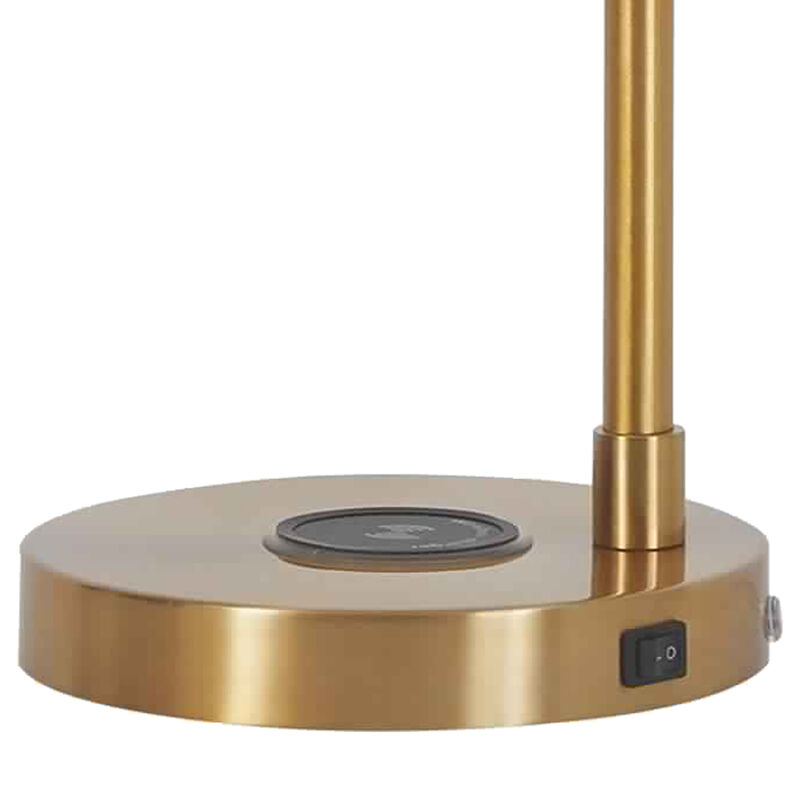 Metal Desk Lamp with Round Glass Shade and Wireless Charger, Gold - Benzara