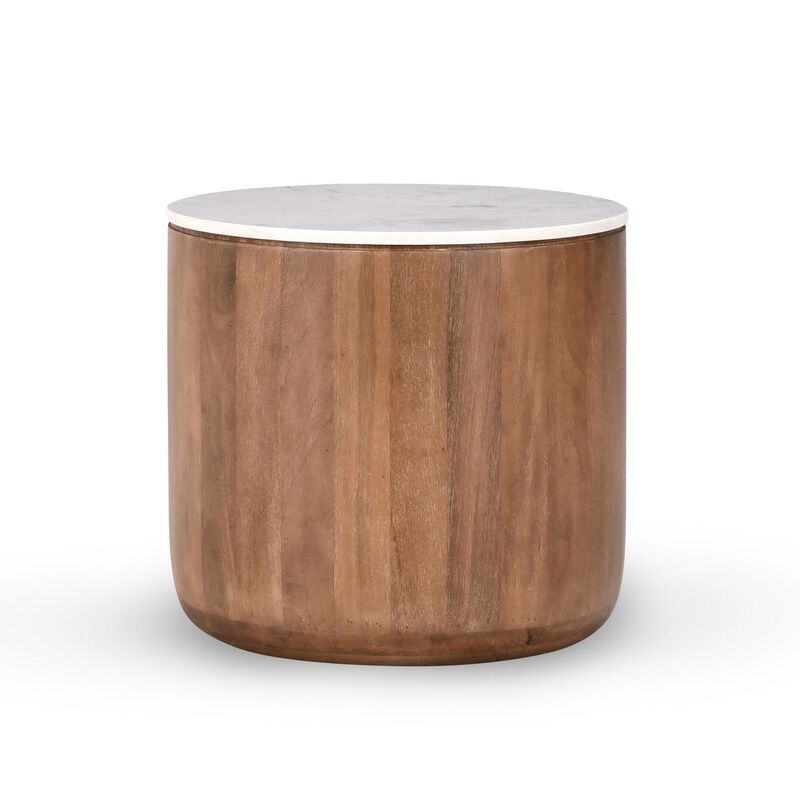 Yari Round Side End Table, White Marble Top, Brown Mango Wood 22 Inch