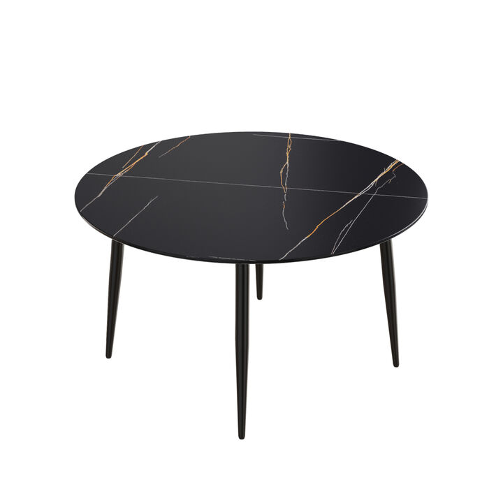 53.15 " modern artificial stone black round dining table with black metal legs-can accommodate 6 people
