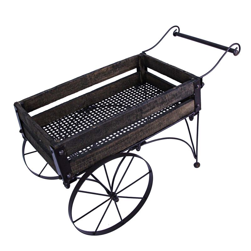 24 Inch Brown Wood & Metal Wagon Planter Indoor Outdoor Rustic Plant Stand image number 5