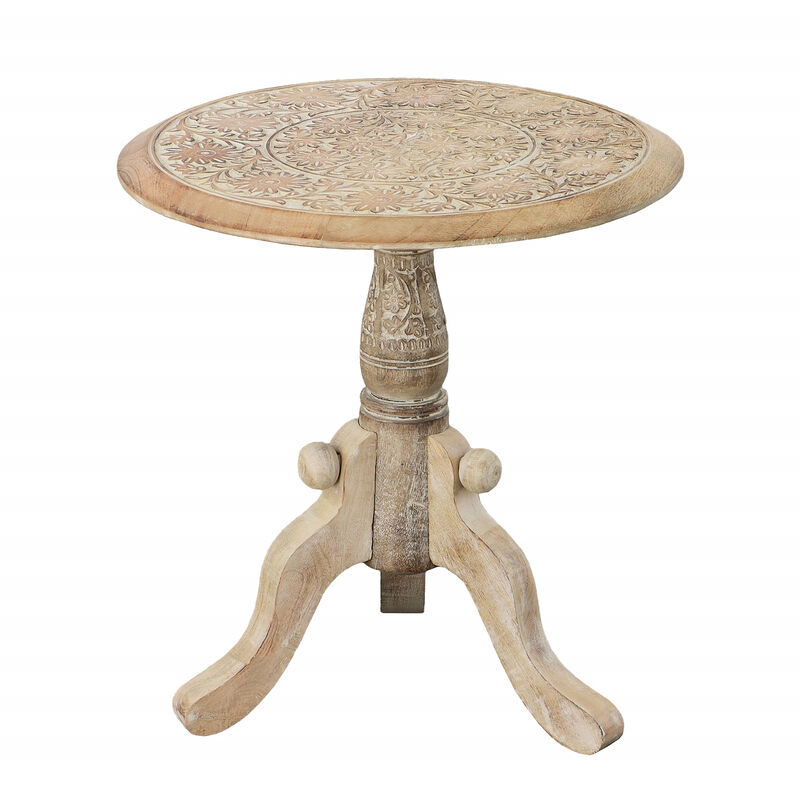 Intricately Carved Round Top Mango Wood Side End Table with Pedestal Base, Brown and White image number 8