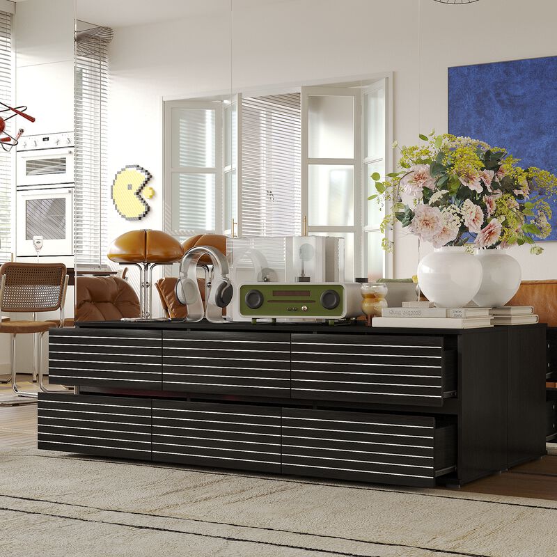 FUFU&GAGA 6-Drawer TV Stand with Sleek Design, Ample Storage, (63" W x 15.7" D x 19.7" H), Black