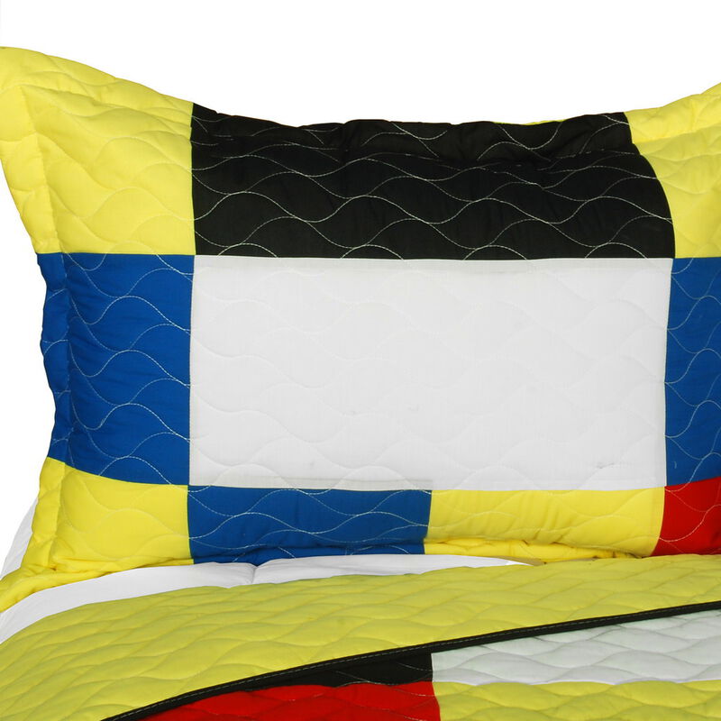 Soft Queen Quilt Set with Vermicelli Quilted Patchwork Plaid Design-Multi Color image number 2