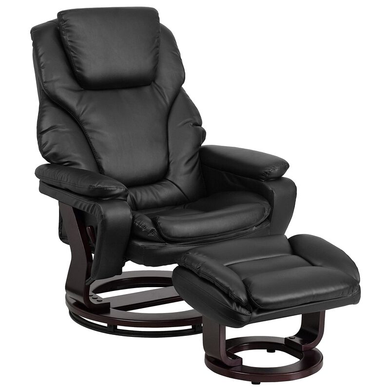 Flash Furniture Austin Contemporary Multi-Position Recliner and Ottoman with Swivel Mahogany Wood Base in Black LeatherSoft