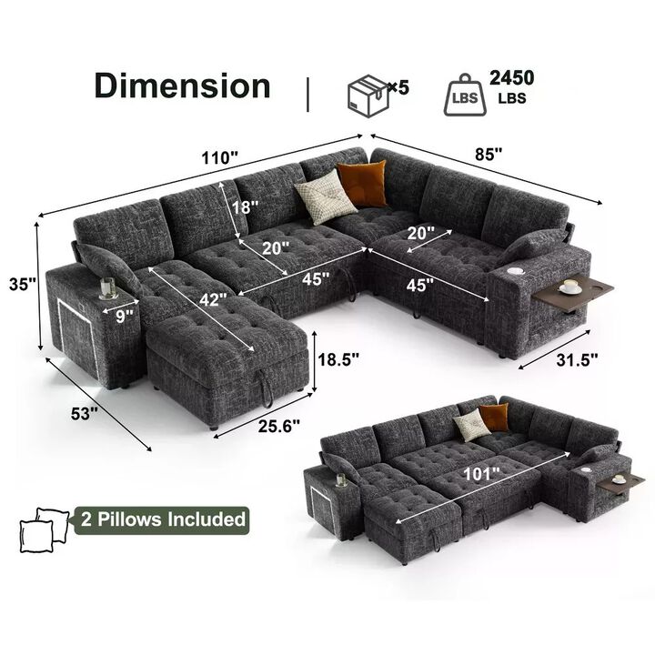 Vipbear 110" Modular Sectional Sleeper Sofa, Pull Out Bed, 7-Seat Chenille L-Shaped Couch, Storage