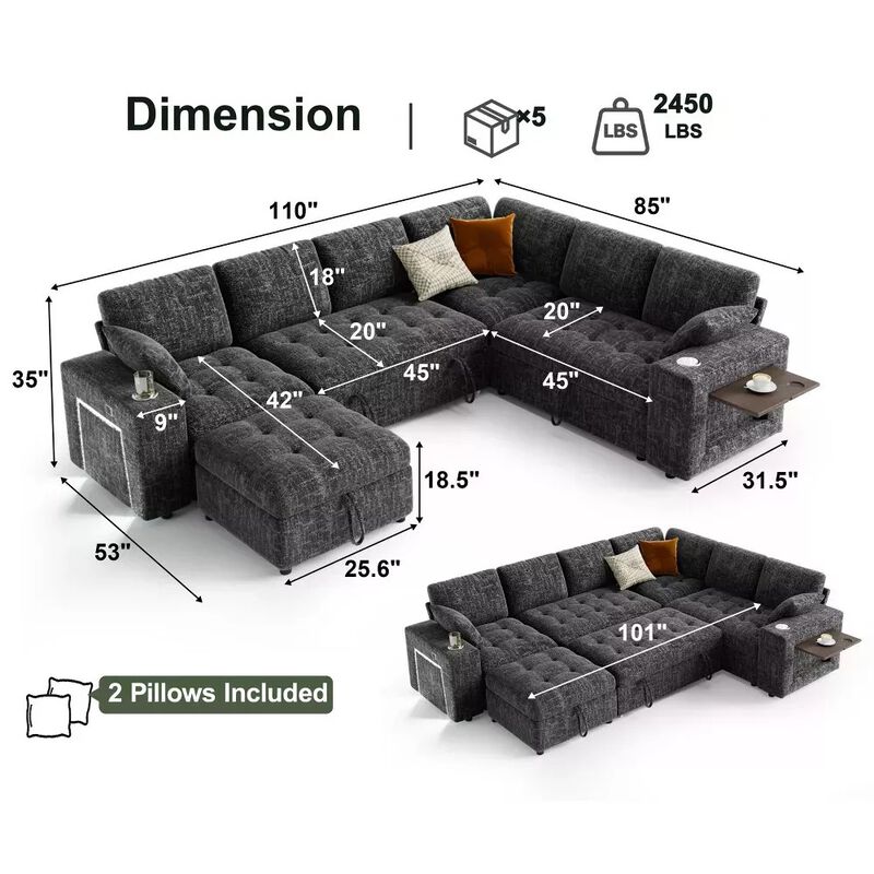 Vipbear 110" Modular Sectional Sleeper Sofa, Pull Out Bed, 7-Seat Chenille L-Shaped Couch, Storage image number 1