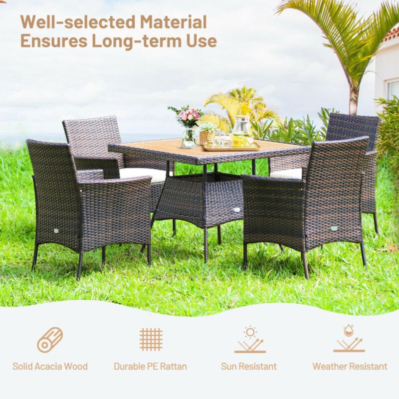 5 Pieces Acacia Wood Tabletop Patio Rattan Dining Furniture Set with Arm Chair