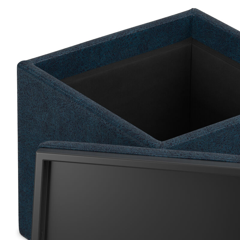 Rockwood 17 inch Wide Contemporary Square Cube Storage Ottoman with Tray in Distressed Dark Blue Vegan Faux Leather, Assembled image number 7