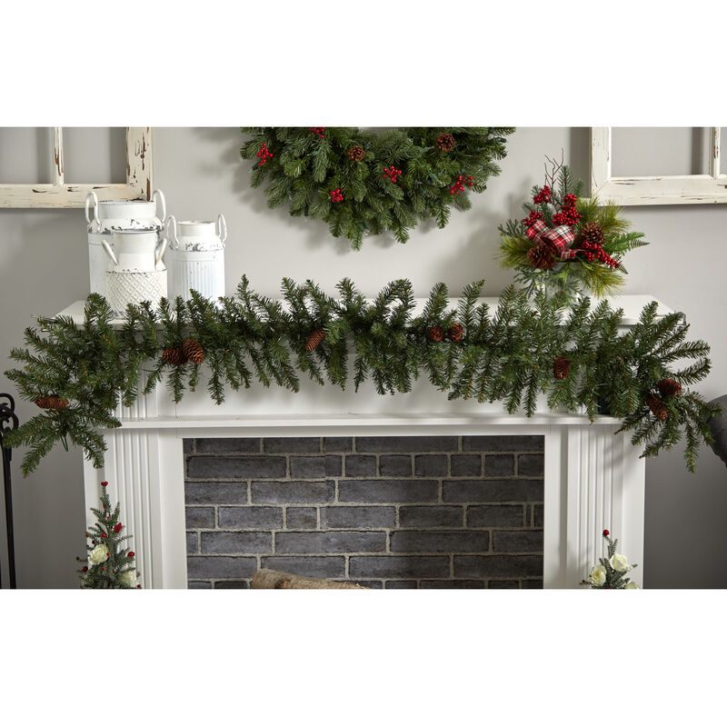 Hivvago 6' Mixed Alaskan Pines and Pinecones Artificial Christmas Garland 50 Warm White LED Lights