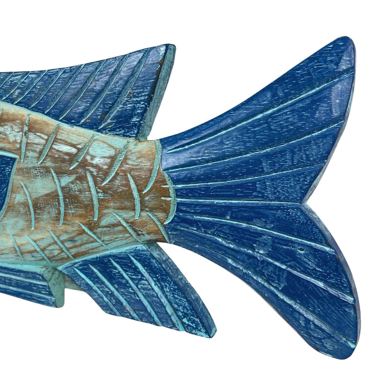 Hand Carved Blue Wooden Fish Statue 19" Nautical Coastal Decor Wood Accent image number 3