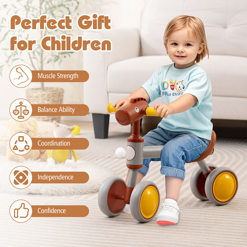 Baby No Pedal Balance Bike with 4 Wheels for Indoor Outdoor Riding Fun-Brown image number 4