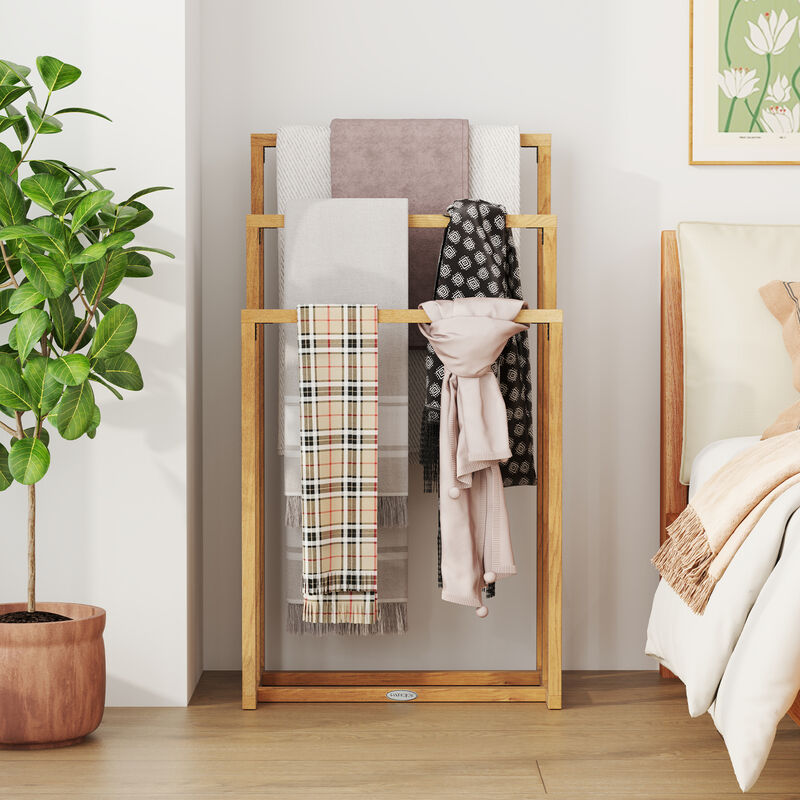 3-Tier Teak Bathroom Towel Holder with Crossbars &ndash; Freestanding Storage Rack image number 5