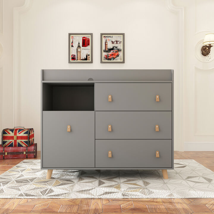 4-Drawer Gray Wood Kids Dresser Changing Table Dresser Storage Cabinet With Shelves 37.8 in. H x 44.9 in. W x 18 in. D