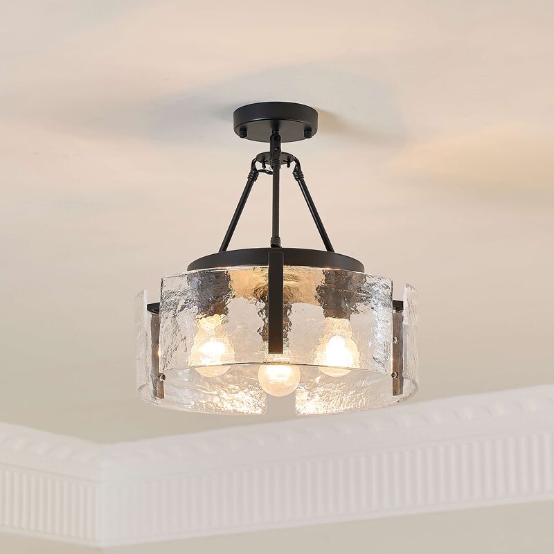 Cintia Black 3-Light Water Textured Glass Panel Drum Semi Flush Mount image number 3