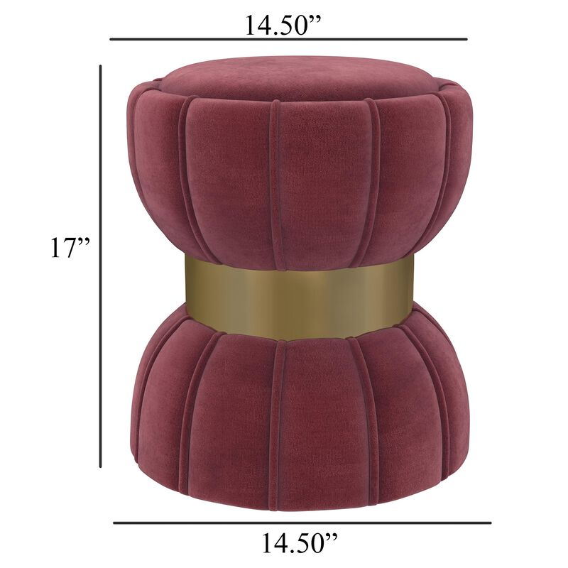 Soraya Ottoman, Tufted Red Wine Fabric, Round 17 Inch, Gold Metal Band - Benzara