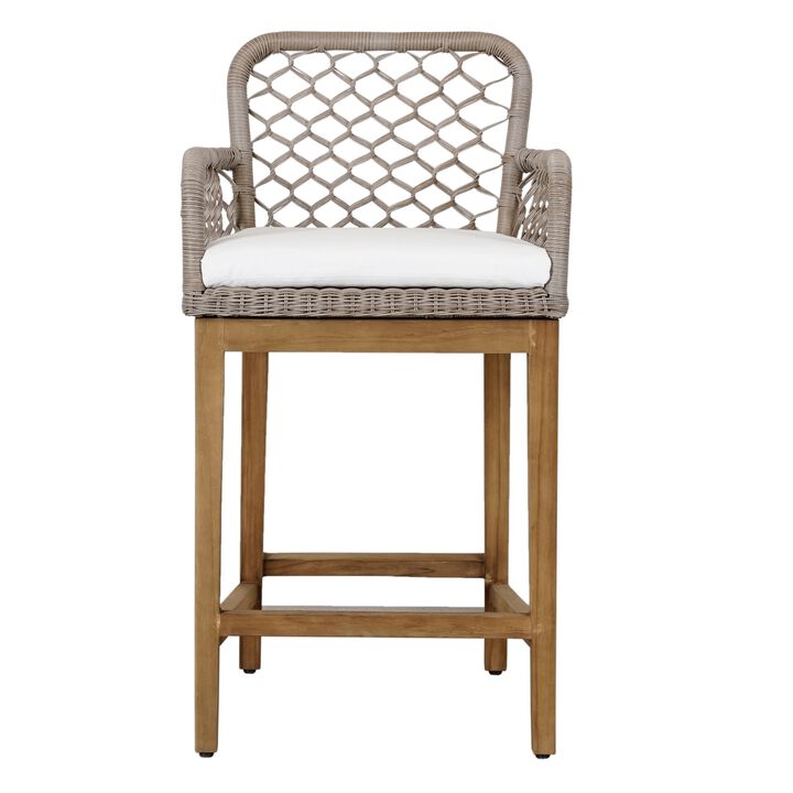 Aok 27 Inch Outdoor Counter Stool Chair, Gray Woven Rope, Curved, Brown Teak - Benzara