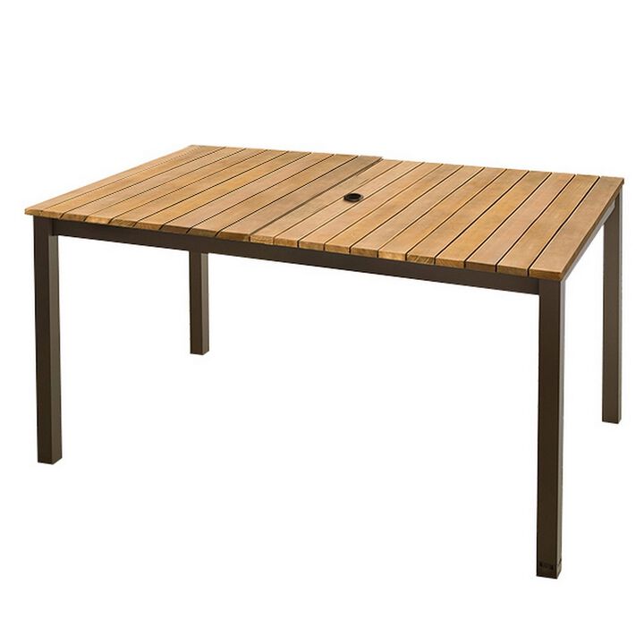 Ankia 59 Inch Outdoor Patio Dining Table, Slatted Top, Aluminium, Brown-Benzara