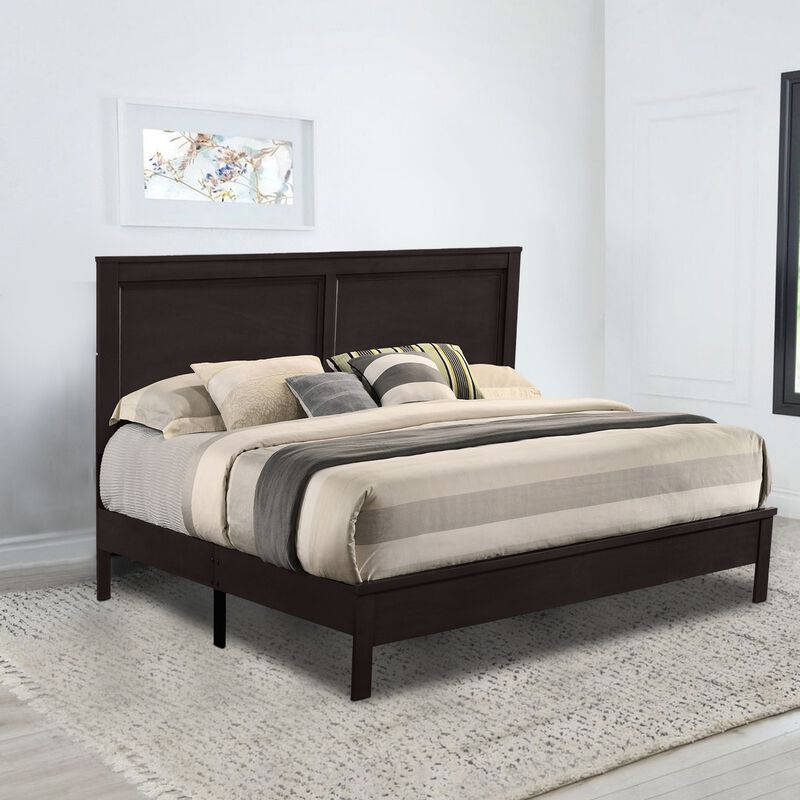 Isla King Size Panel Bed with Low Profile Rubberwood Frame, Dark Brown-Benzara