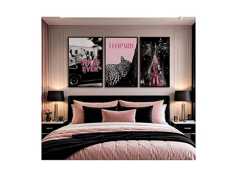 3 Pack Fashion Leopard Wall Art Pink Trendy Cheetah Convertible Car Poster image number 3