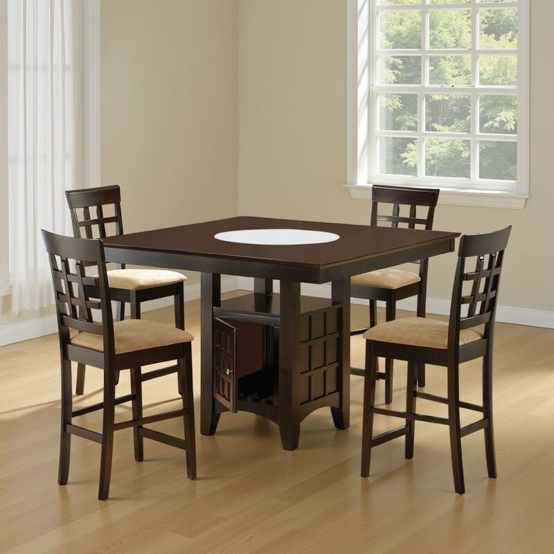 Uric Counter Height Dining Table w Wine Storage, 4 Lattice Chairs, Brown - Benzara