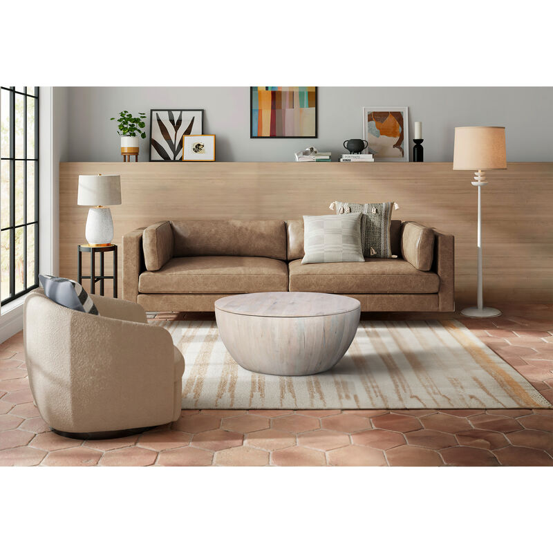37 Inch Round Coffee Table, Handcrafted Drum Shape with Storage, Washed White Mango Wood image number 8