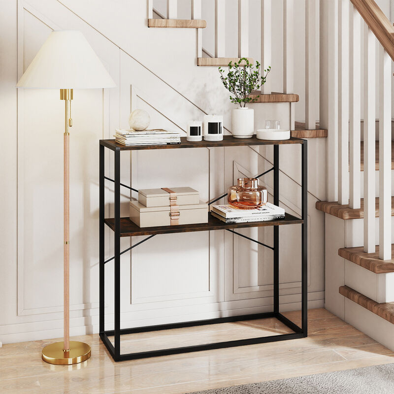 2 Tier Entryway Console Table with Wooden Shelves and Metal Frame image number 7