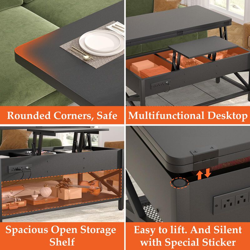 Aheaplus Coffee Table Lift Top Multi-Function Coffee Table Converts to Dining Table, with LED Light and Power Outlet, Center Tab