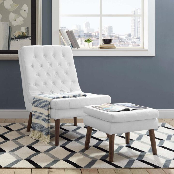 Modway Modify Tufted Modern Lounge Accent Chair and Ottoman Set in White
