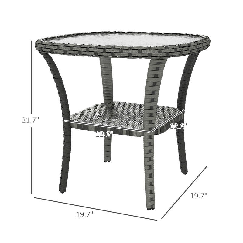 Outsunny Rattan Coffee Table with Storage Shelf, Wicker Side Table with Glass Top, Outdoor End Table for Garden, Porch, Backyard, Mix Gray