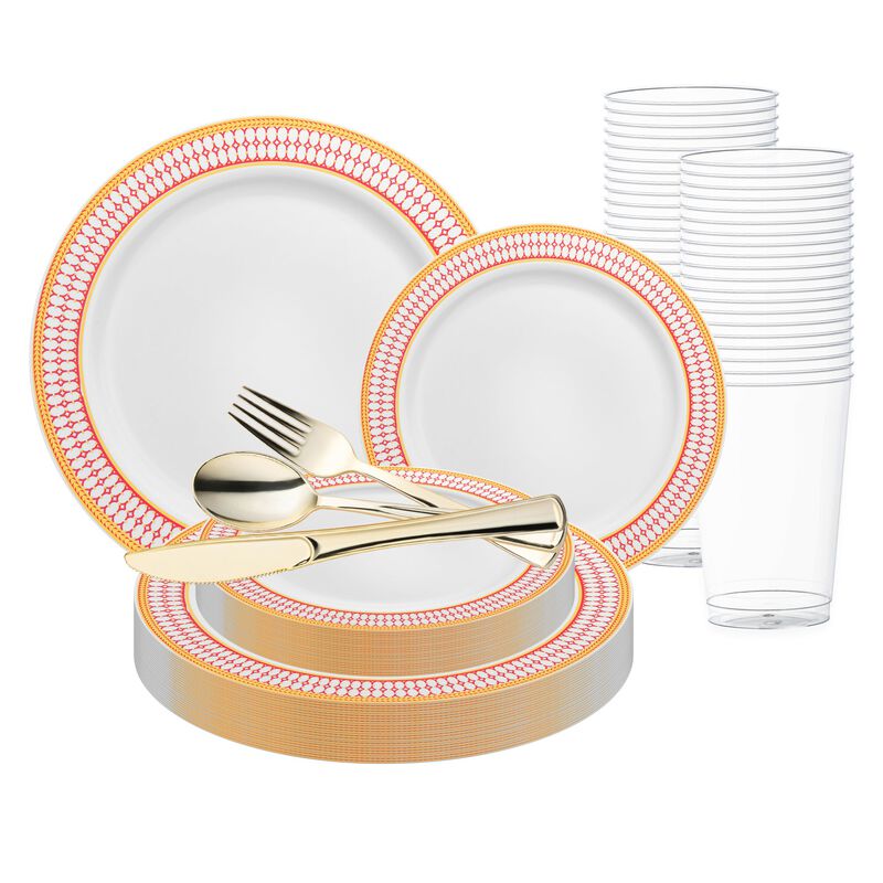 White with Red and Gold Chord Rim Plastic Wedding Value Set (30 Sets) image number 0