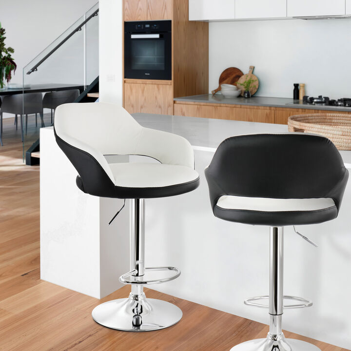 Elama 2 Piece Adjustable Faux Leather Bar Stool in White with Black Trim and Chrome Base