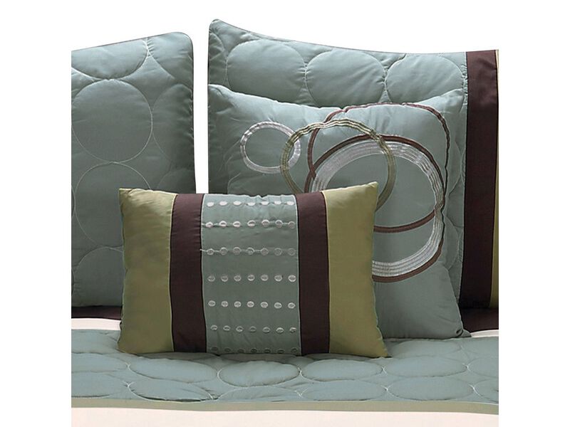 6 Piece Queen Comforter Set with Pleats and Embroidery, Green and Blue - Benzara
