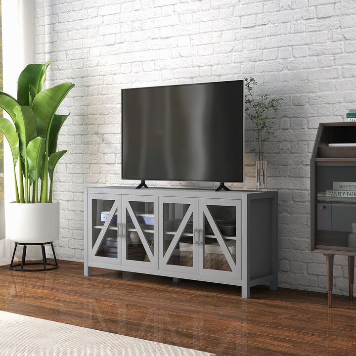 TV Cabinet Stand for TVs up to 58", Entertainment Center with Adjustable Shelves, 4 Glass Doors and 4 Cable Holes for Living Room, Gray