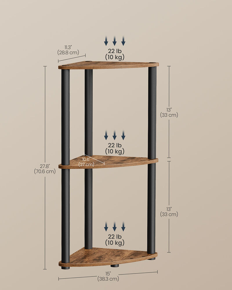 Superfast Toolless Assembly Corner Shelf Stand 3-Tier Rustic Brown