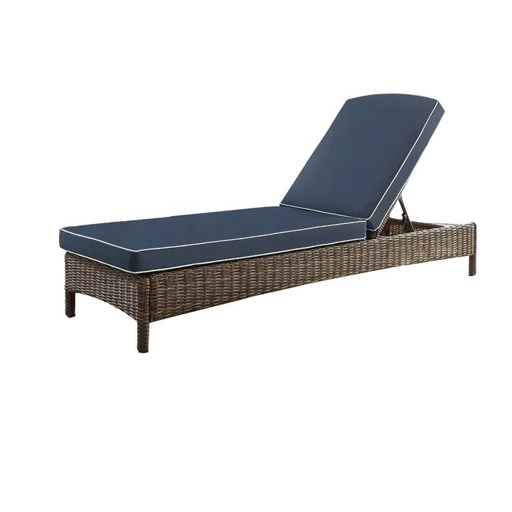 Nny 76 Inch Outdoor Wicker Chaise Lounger, Adjustable Back, Blue Cushions - Benzara